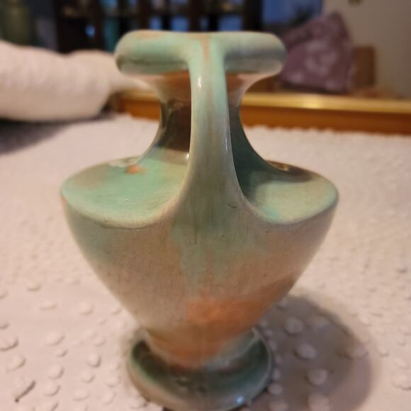 California Ceramics Vintage Double Handle Vase Earthtones Green Sand Mottled MCM - Picture 9 of 9